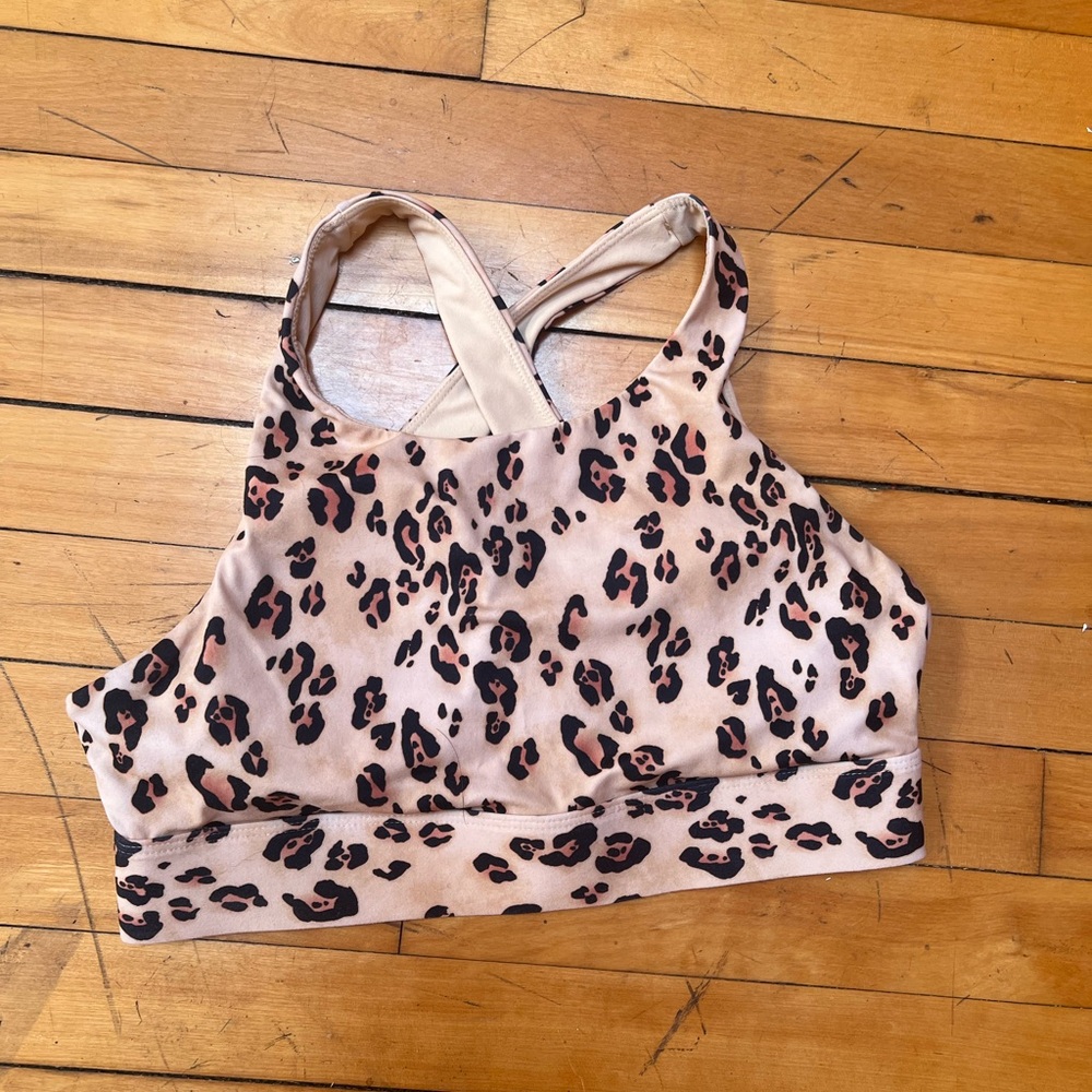 Fabletics Black and Brown Sports Bra with Criss-Cross Design